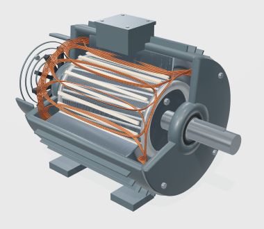 Aufgeschnittener Drehstrommotor mit Kupferwicklungen, Käfigstäben, Kurzschlussringen, Welle und Gehäuse